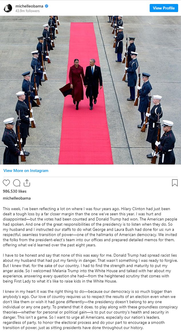 Former first lady Michelle Obama posted on Instagram Monday and said that while she couldn't forgive now President Donald Trump for his 'racist lies about my husband,' she met with incoming first lady Melania Trump 'for the sake of our country'