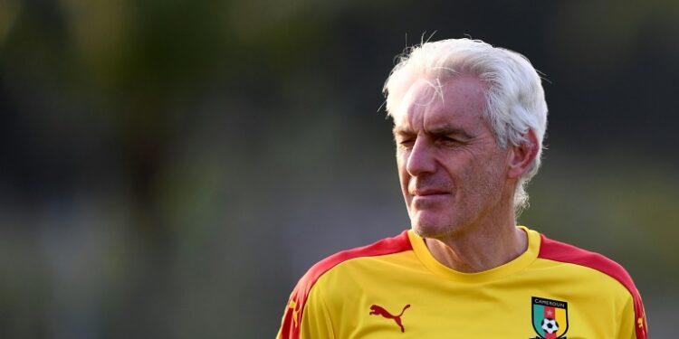 Cameroon coach Hugo Broos pictured at a training session in Gabon during the 2017 Africa Cup of Nations | AFP