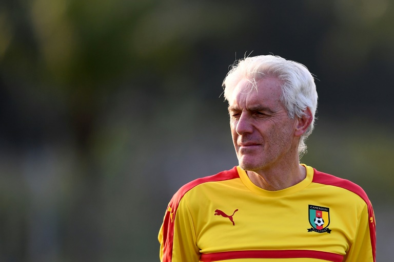 Cameroon coach Hugo Broos pictured at a training session in Gabon during the 2017 Africa Cup of Nations | AFP