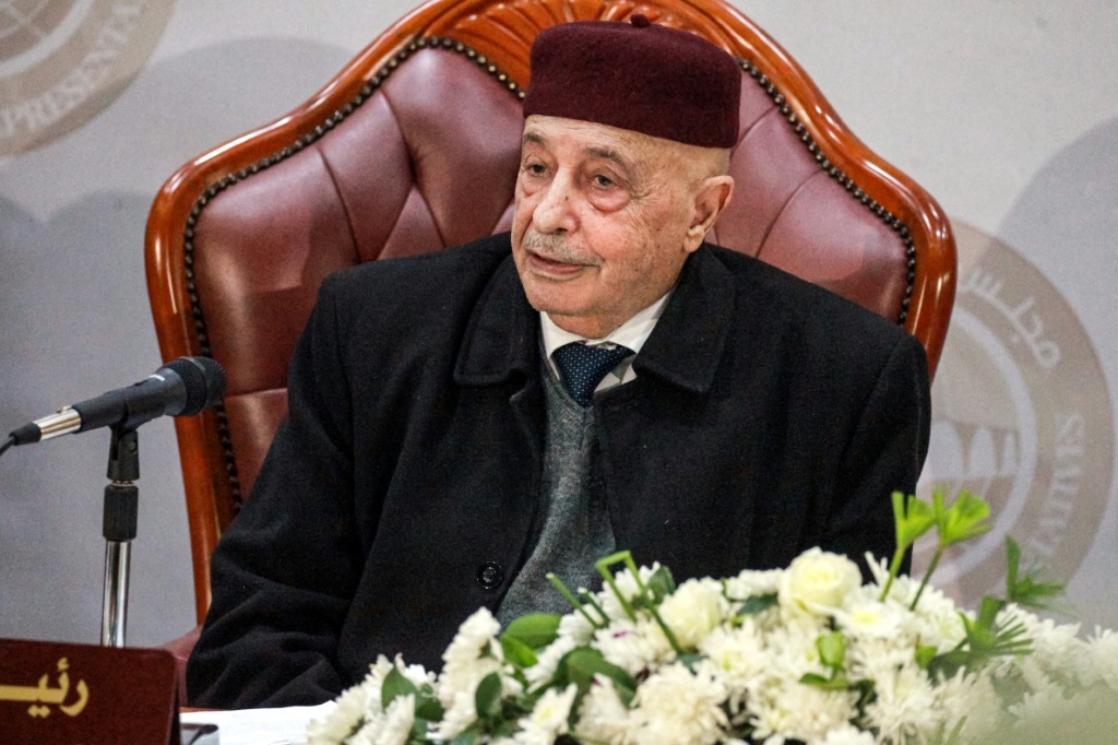 Aguila Saleh, speaker of Libya's Tobruk-based parliament, pictured here on December 6, 2020 | AFP