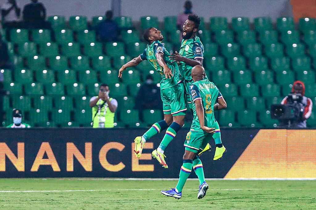 Comoros' players celebrate after scoring the opening goal of an Africa Cup of Nations Group C match in Garoua on Tuesday | AFP