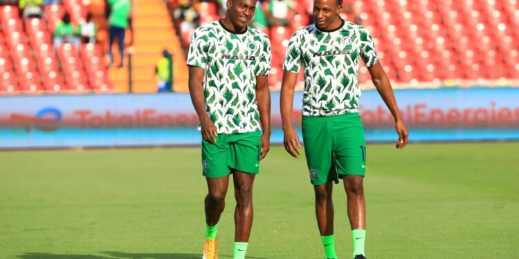 Joe Aribo (R) with Nigeria teammate Taiwo Awoniyi before the Super Eagles' Africa Cup of Nations game against Sudan | AFP