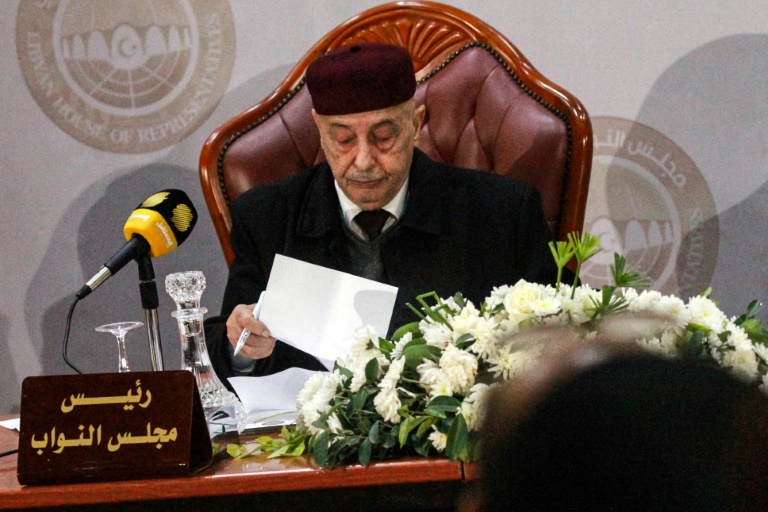 Aguila Saleh, pictured chairing a House of Representatives session on December 7, 2020, is a rival of interim Prime Minister Abdulhamid Dbeibah | AFP