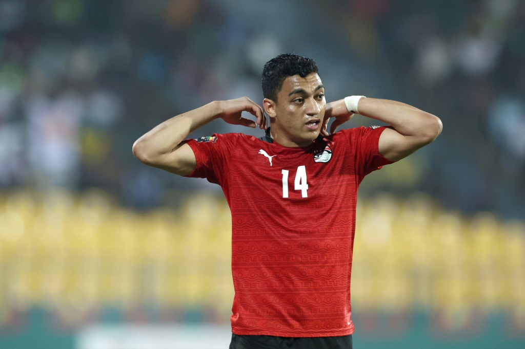 Egypt's forward Mostafa Mohamed reacts during the Group D Africa Cup of Nations (AFCON) 2021 football match between Egypt and Sudan in Cameroon, on January 19, 2022 | AFP