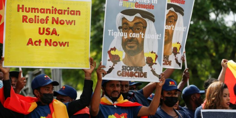 Ethiopians from the Tigrayan region living in South Africa hold a rally outside the US embassy in Pretoria | AFP