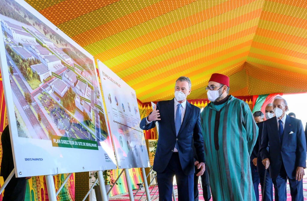Morocco's King Mohammed VI (C) chairs a ceremony to launch the construction of a Covid-19 vaccine manufacturing plant in the region of Benslimane | AFP