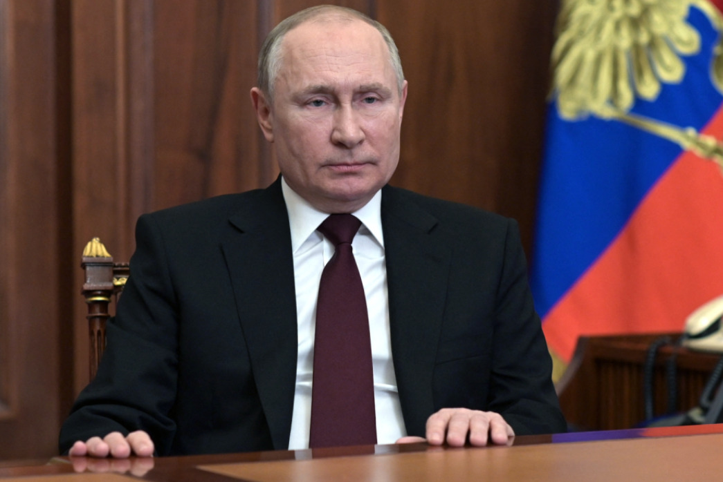 Russian President Vladimir Putin addresses the nation at the Kremlin in Moscow on Feb. 21 |  ALEXEY NIKOLSKY/SPUTNIK/AFP VIA GETTY IMAGES