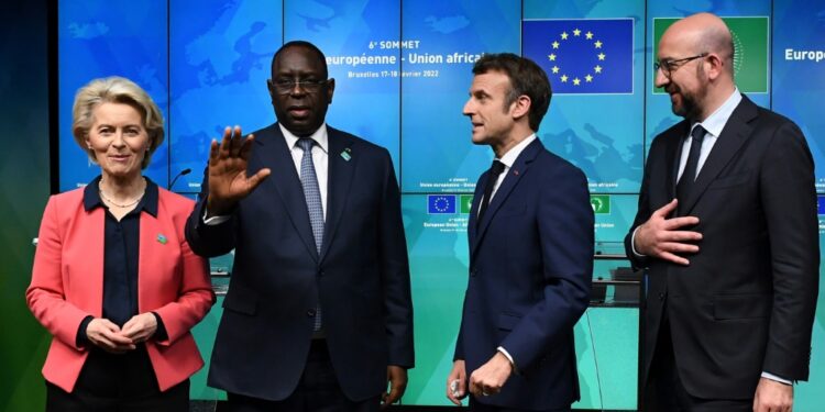 (l to r) European Commission chief Ursula von der Leyen, Senegal's President Macky Sall, French President Emmanuel Macron and European Council President Charles Michel in Brussels | AFP