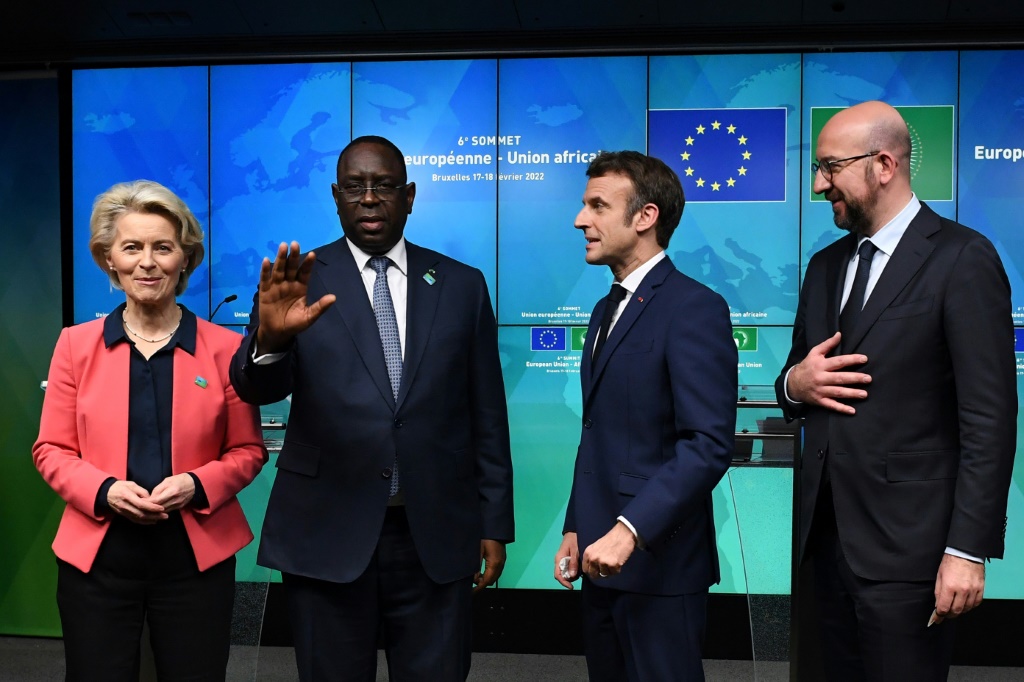 (l to r) European Commission chief Ursula von der Leyen, Senegal's President Macky Sall, French President Emmanuel Macron and European Council President Charles Michel in Brussels | AFP