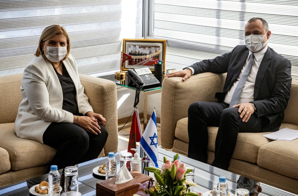 Morocco's Industry and Trade Minister Ryad Mezzour (R) meets Israel's Economy Minister Orna Barbivai in Rabat | AFP
