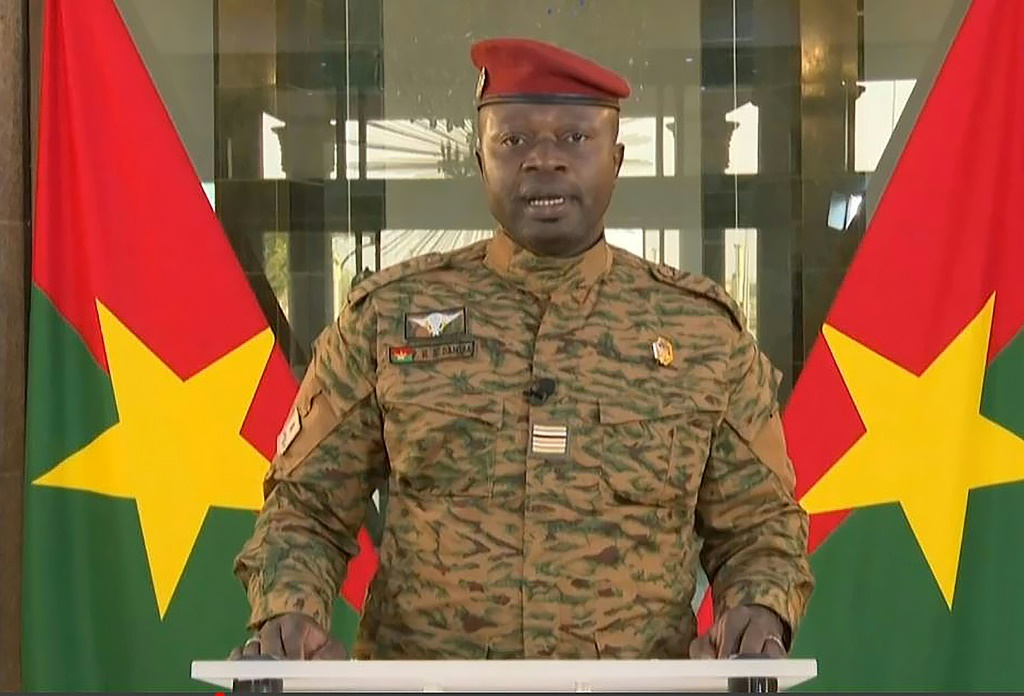 Junta leader Paul-Henri Sandaogo Damiba, pictured in a TV broadcast three days after taking power | AFP