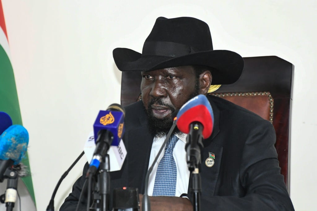 South Sudan's President Salva Kiir addresses the nation on the challenges facing the implementation of the revitalized peace agreement with the opposition at the State House in Juba, South Sudan, on March 28, 2022 | AFP