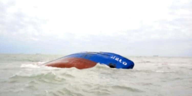 A photograph released by the Tunisian defense ministry shows the stricken tanker Xelo which was carrying 750 tones of diesel when it capsized off the port city of Gabes on Saturday |  AFP