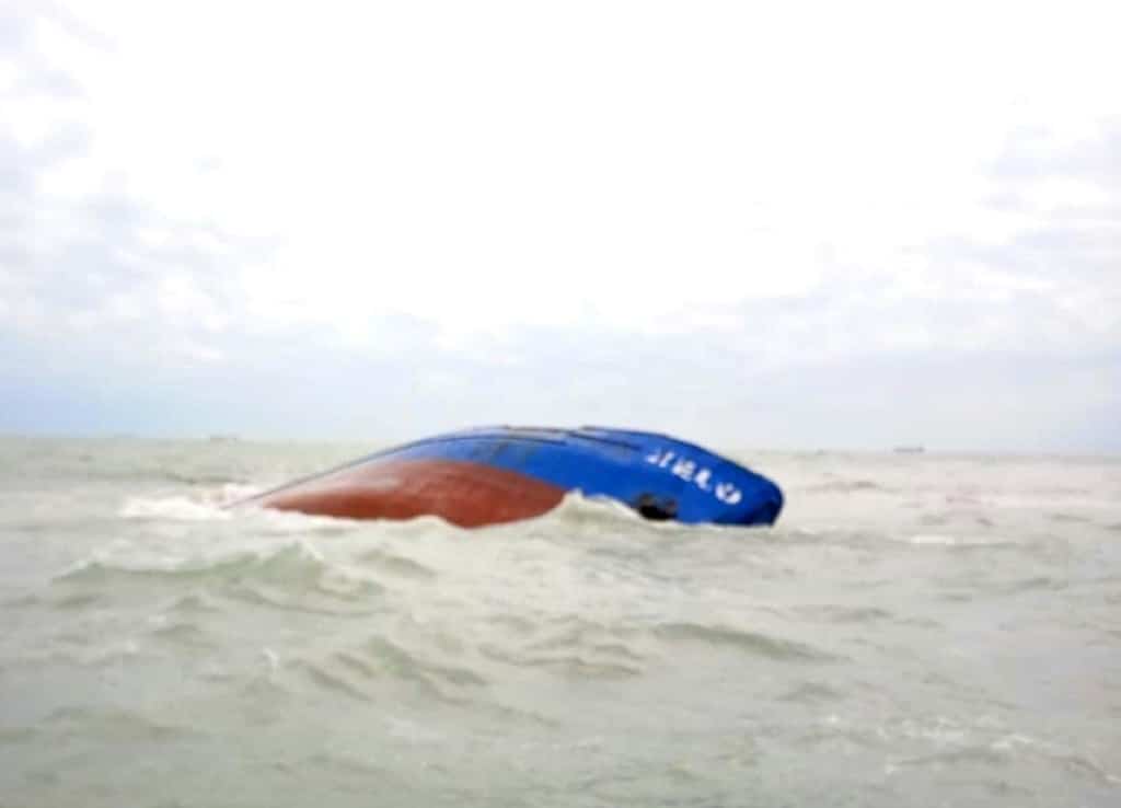 A photograph released by the Tunisian defense ministry shows the stricken tanker Xelo which was carrying 750 tones of diesel when it capsized off the port city of Gabes on Saturday |  AFP
