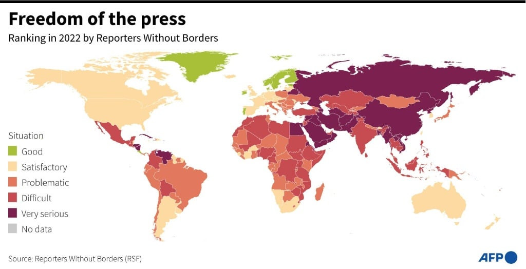 World map showing the different states of press freedom by countries and territories, compiled by Reporters Without Borders | AFP