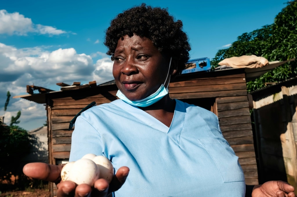 Virginia Mutsamwira is a highly skilled nurse but is so poorly paid that she raises chickens to help make ends meet | AFP