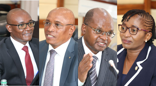 L-R: Dr. Ndegwa Paul Wamuti, PhD; Justice Nduma Nderi, Justice Ngaah Jairus and Justice Ngenye Grace Wangui when they appeared before the JSC on Monday.Photo/Courtesy