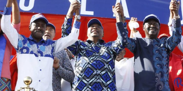 President Uhuru Kenyatta, Odm Leader Raila Odinga And Wiper Leader Kalonzo Musyoka At The Azimio La Umoja National Delegates Conference (Ndc) In March.photo/Courtesy