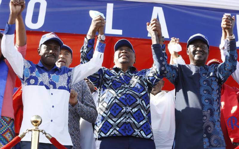 President Uhuru Kenyatta, ODM leader Raila Odinga and Wiper Leader Kalonzo Musyoka at the Azimio La Umoja National Delegates Conference (NDC) in March.PHOTO/COURTESY
