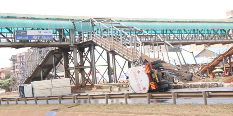 The fuel tanker and lorry which were involved in accident along the busy Thika Highway on Thursday, July 14.PHOTO/COURTESY