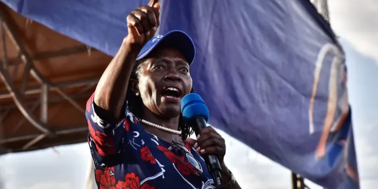 Martha Karua addresses a rally. She is Raila Odinga’s running mate in Kenya’s August 2022 elections. Suleiman Mbatiah | AFP via Getty Images