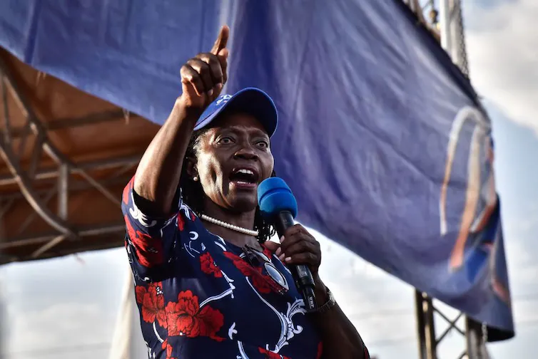 Martha Karua addresses a rally. She is Raila Odinga’s running mate in Kenya’s August 2022 elections. Suleiman Mbatiah | AFP via Getty Images