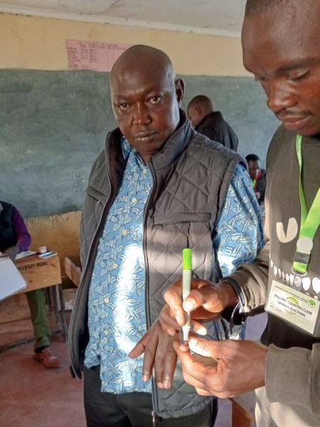 Rongai UDA parliamentary candidate Paul Chebor after casting his vote for other positions.Photo/Courtesy