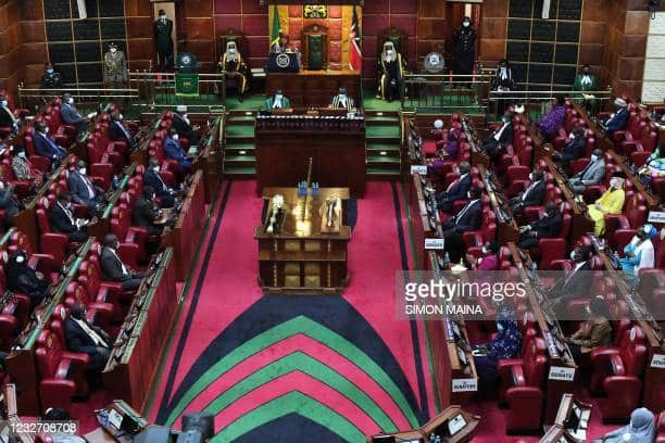 A general view showing Kenyan Members of Parliament and Senators attending an address by Tanzanian President Samia Suluhu Hassan at the Parliament Buildings in Nairobi on May 5, 2021. (Photo by Simon MAINA / AFP) (Photo by SIMON MAINA/AFP via Getty Images)