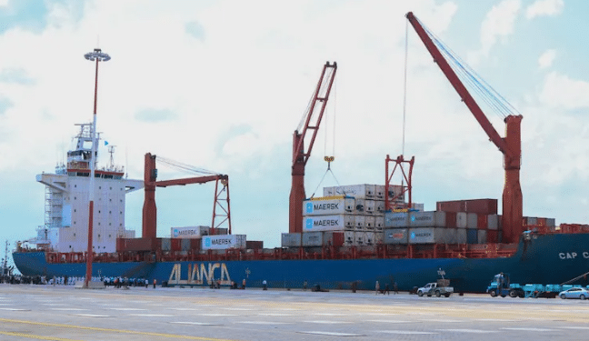 Container ship docks at the Lamu port in Kenya