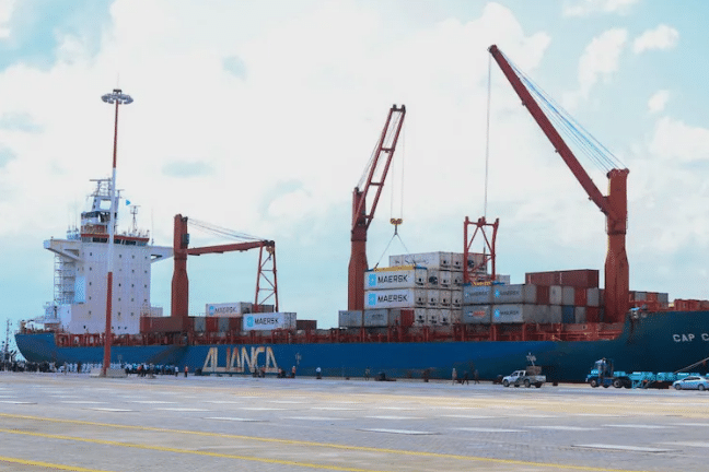 Container ship docks at the Lamu port in Kenya