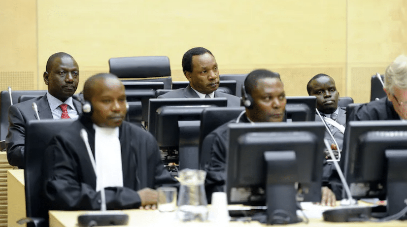 William Ruto (L, back row), Henry Kosgey (C, back row) and radio presenter Joshua Arap Sang (R, back row), at the ICC in 2011, charged in connection with post-election violence. LEX VAN LIESHOUT | AFP via Getty Images