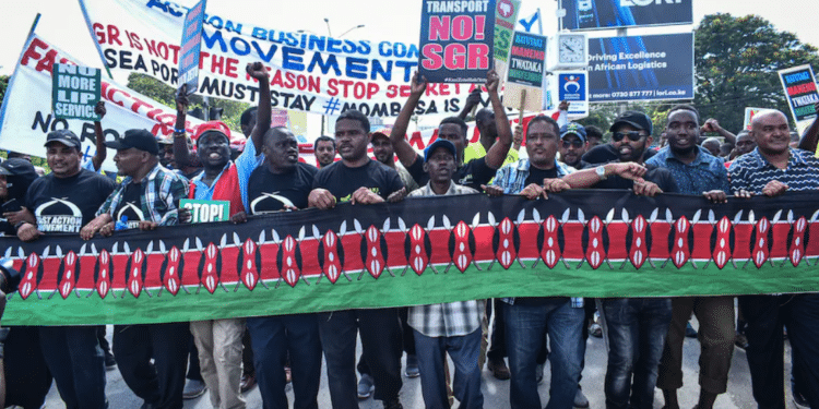 Truck drivers, clearing agents, business owners and activists protest over job losses in Mombasa, Kenya. Stringer | AFP via Getty Images