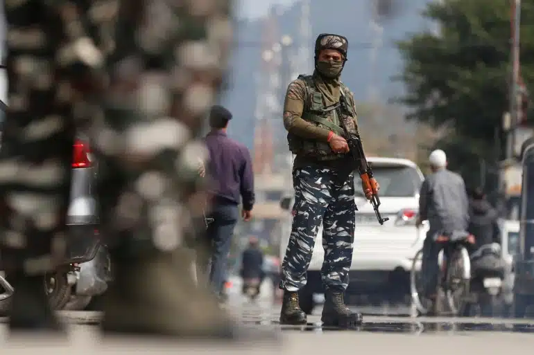 Indian security officer manning the street in Srinagar.
Photo: Courtesy