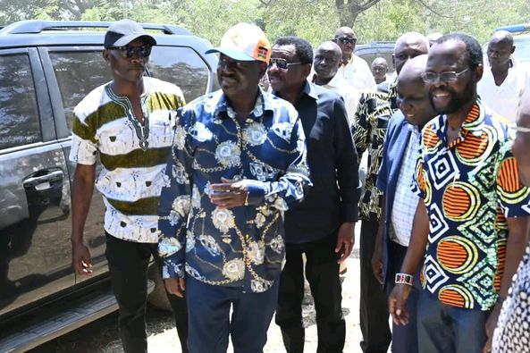 Raila Odinga arrives in Kisumu ahead of the burial ceremony of Mzee Nyangaga Akoth in Seme Sub County.Photo/Courtesy