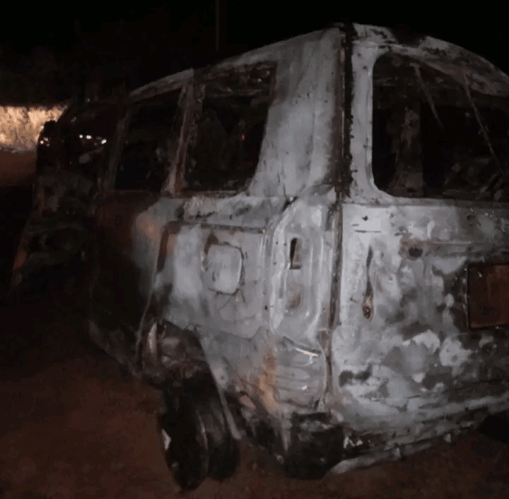 The wreckage of the car that the police officers were traveling in