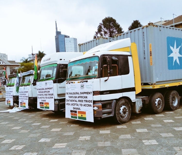 Tracks loaded with Kenyan tea to be exported to Ghana during the flag off at KICC.