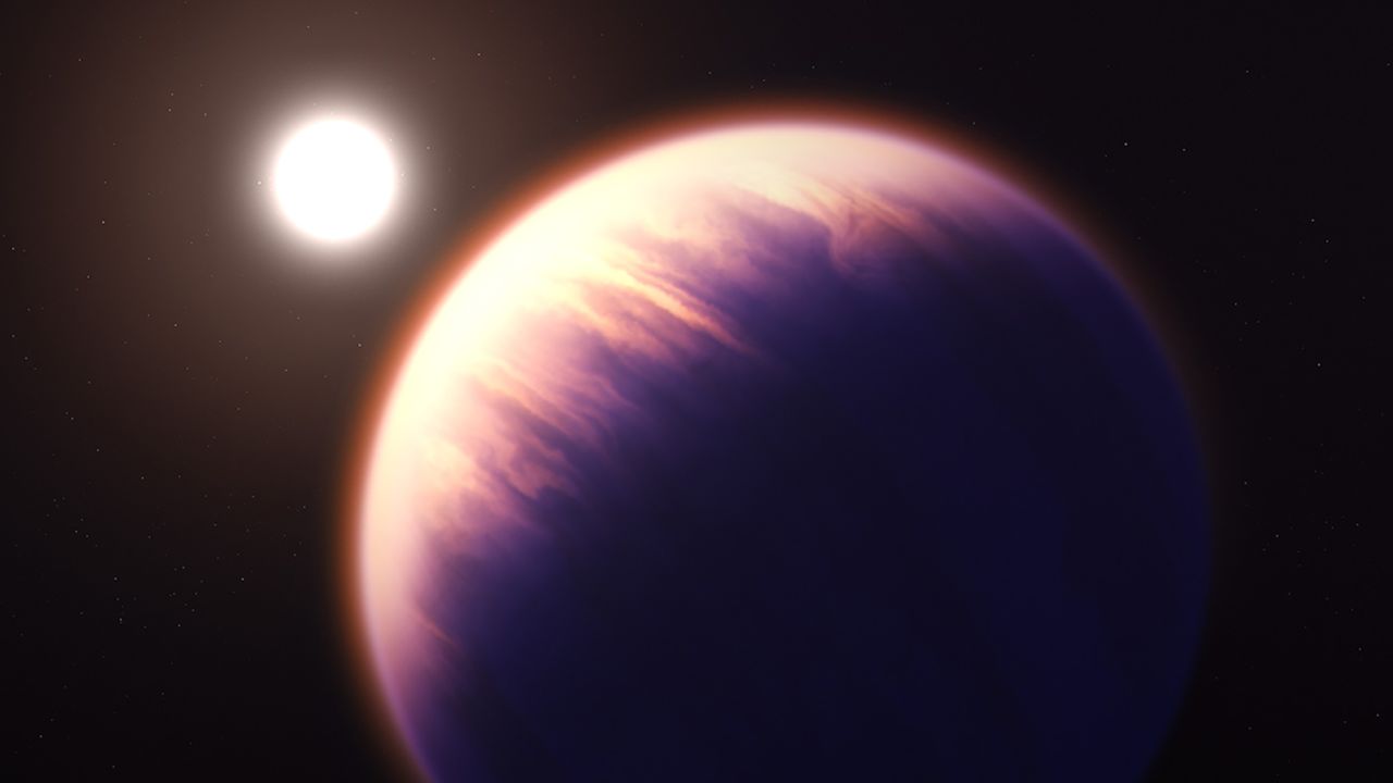 An illustration  of exoplanet WASP-39b.   
 Credit: Joseph Olmsted/NASA/ESA/CSA/STScI