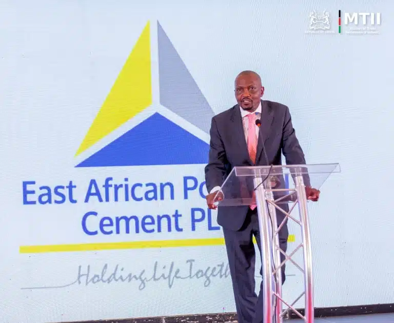 Trade CS Moses Kuria speaking during the launch of Green Triangle Cement at the the East African Portland in Athi River on November 8, 2022.Photo/Courtesy