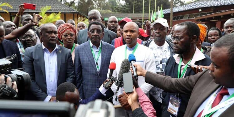 Azimio leaders led by National agent Saitabao Ole Kanchory addressing the media at Bomas of Kenya on Monday, August 15, 2022. Photo/Courtesy