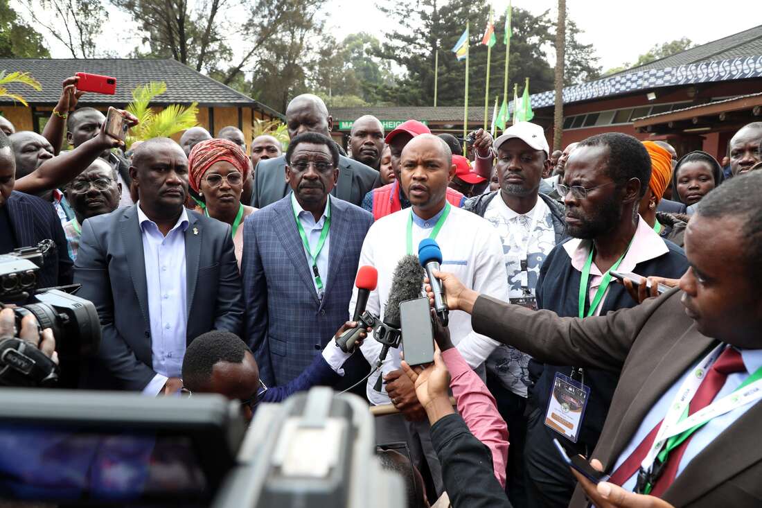 Azimio leaders led by National agent Saitabao Ole Kanchory addressing the media at Bomas of Kenya on Monday, August 15, 2022. Photo/Courtesy