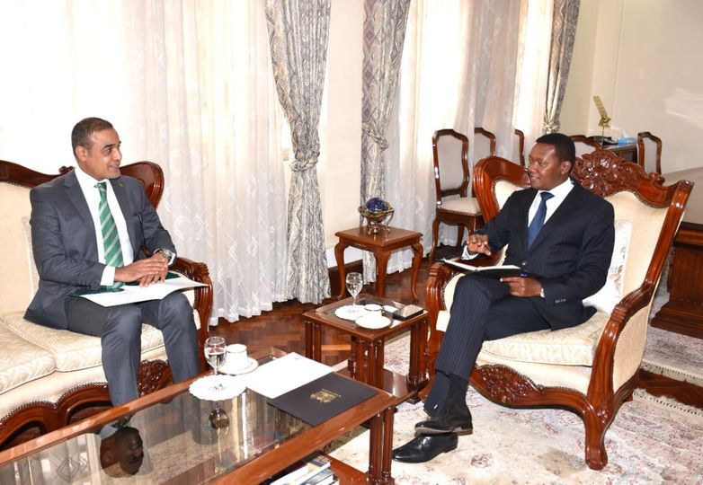 Foreign CS Alfred Mutua with Ambassador of the Kingdom of Saudi Arabia to Kenya H.E  Khalid Abdullah Alsalman when they met last week.Photo/Courtesy