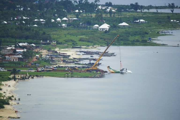 A crane removes the crashed Precision Air aircraft from Lake Victoria at Bukoba, Tanzania | AFP