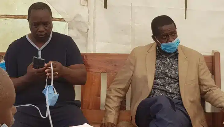 Former IEBC CEO James Oswago (left) and his co-accused Wilson Kiprotich at the Anti-Corruption Court on Wednesday, May 27, 2020. Photo/Courtesy