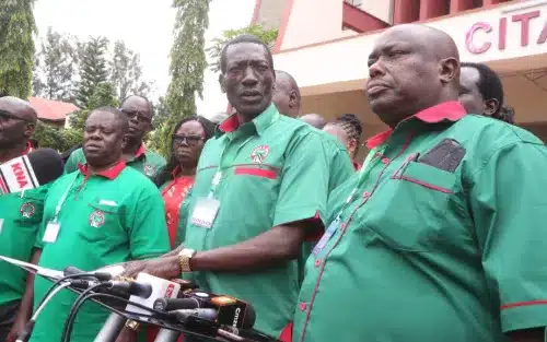 Knut officials led by Secretary General Collins Oyuu addresse journalists yesterday in Kisumu at the start of their National Delegates Annual Conference.Photo/Courtesy