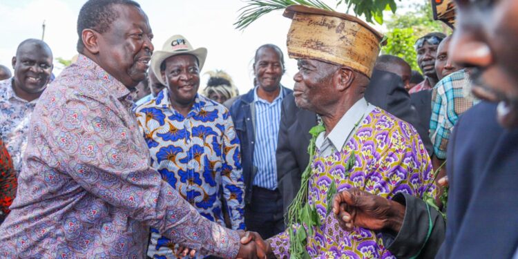 Prime Cabinet Secretary Musalia Mudavadi greets an elder during the 43rd Vihiga Cultural Festival on December 25, 2022. Photo/Courtesy