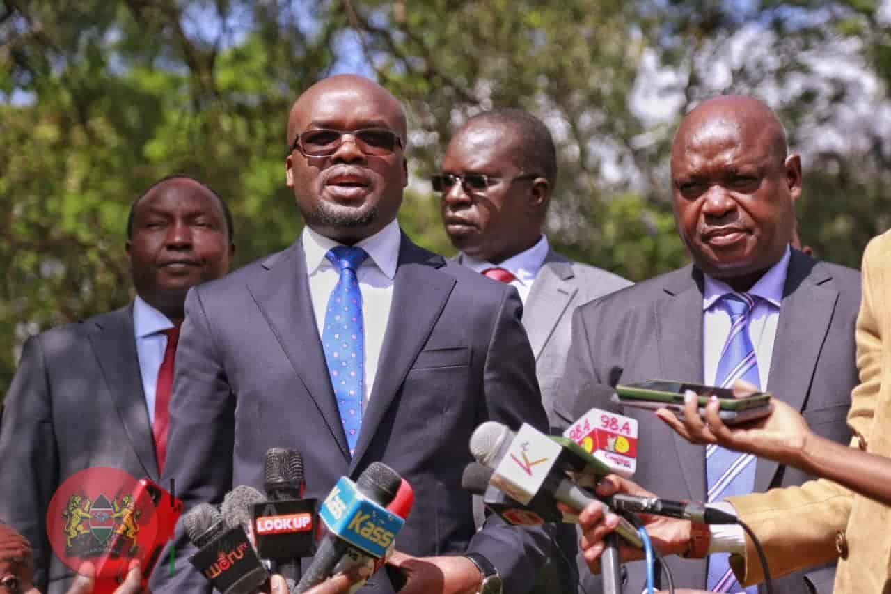Interior CS Raymond Omollo addressing the press at the KICD.Photo/MICNG