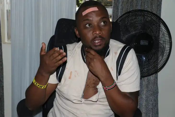 Umoja One MCA Mark Mugambi addressing the media in his office on Thursday.Photo/Courtesy