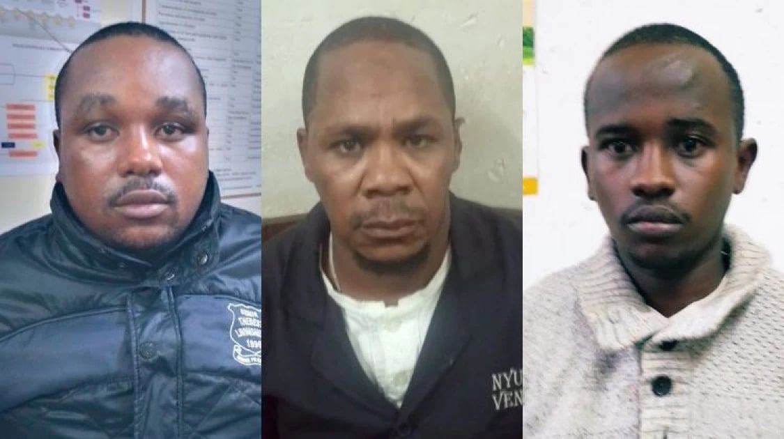 Francis Itaru, Joel Njoroge and John Warui who were arrested on Monday, January 30 in Githurai while they were selling electronic goods believed that were stolen.PHOTOS/DCI.