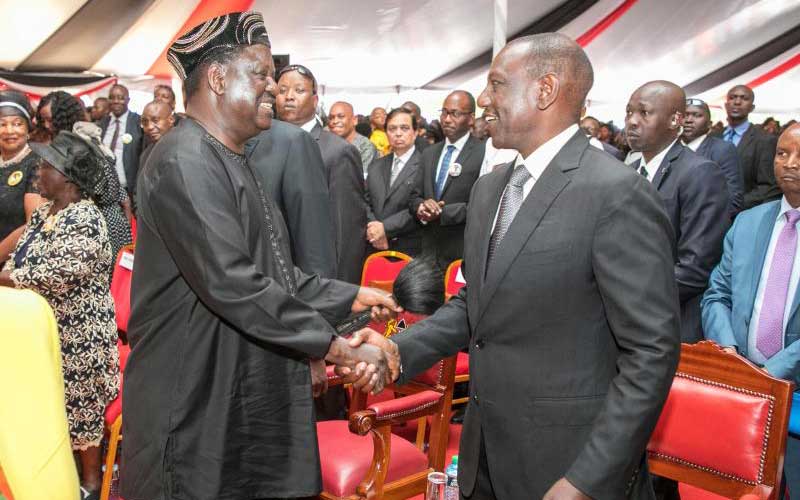 President William Ruto and Azimio la Umoja Chief Raila Odinga at a past public event.PHOTO/COURTESY.