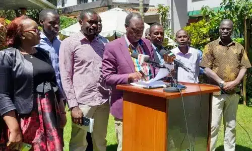 Jubilee Secretary General Jeremiah Kioni addressing the media in Nairobi on Friday.Photo/Courtesy